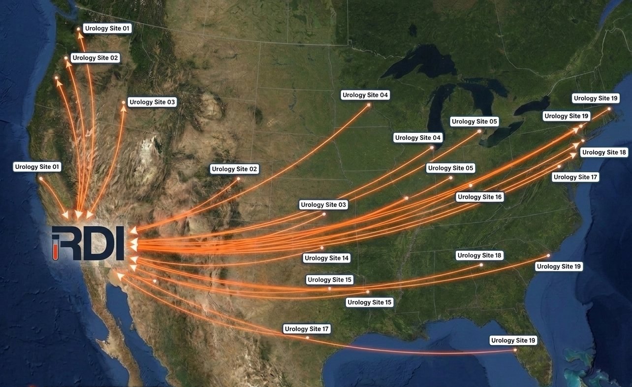 US map showing sample shipping routes from 27 urology sites converging on RDI's central lab