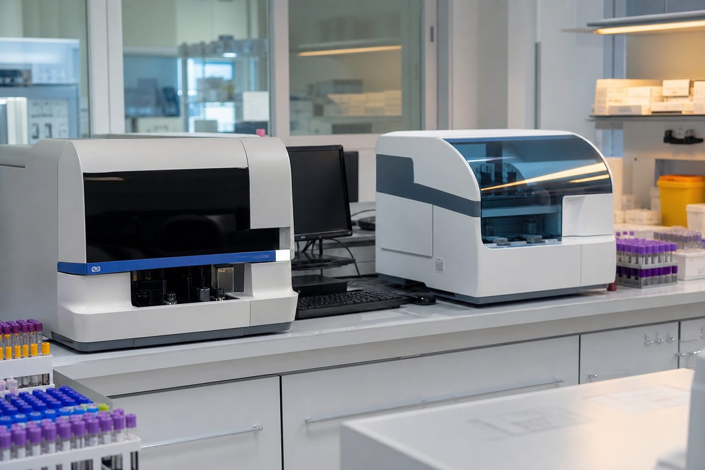 Two benchtop immunoassay analyzers set up side by side in the lab for a head-to-head method comparison